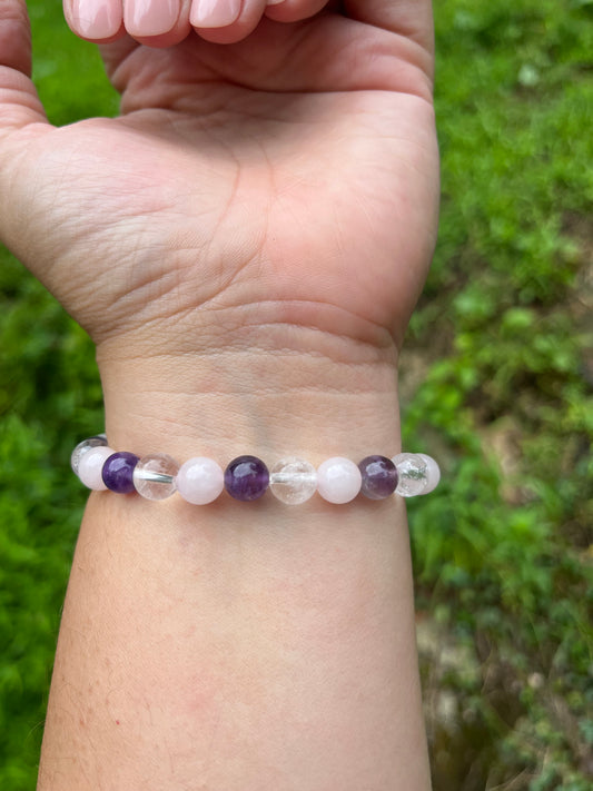 Rose Quartz, Clear Quartz and Amethyst Beaded Bracelet